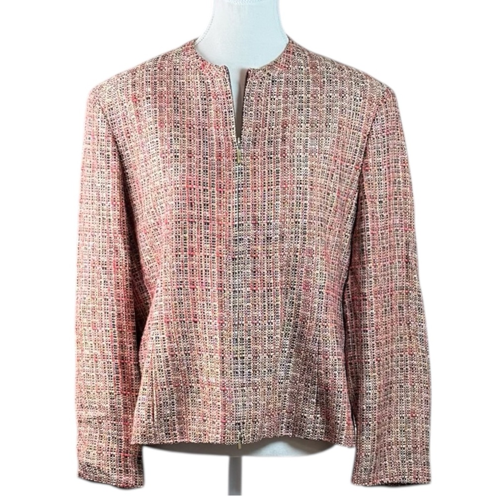 Vintage 90s Jones Wear Pink Tweed Boucle Zip Blazer Jacket USA Womens 14